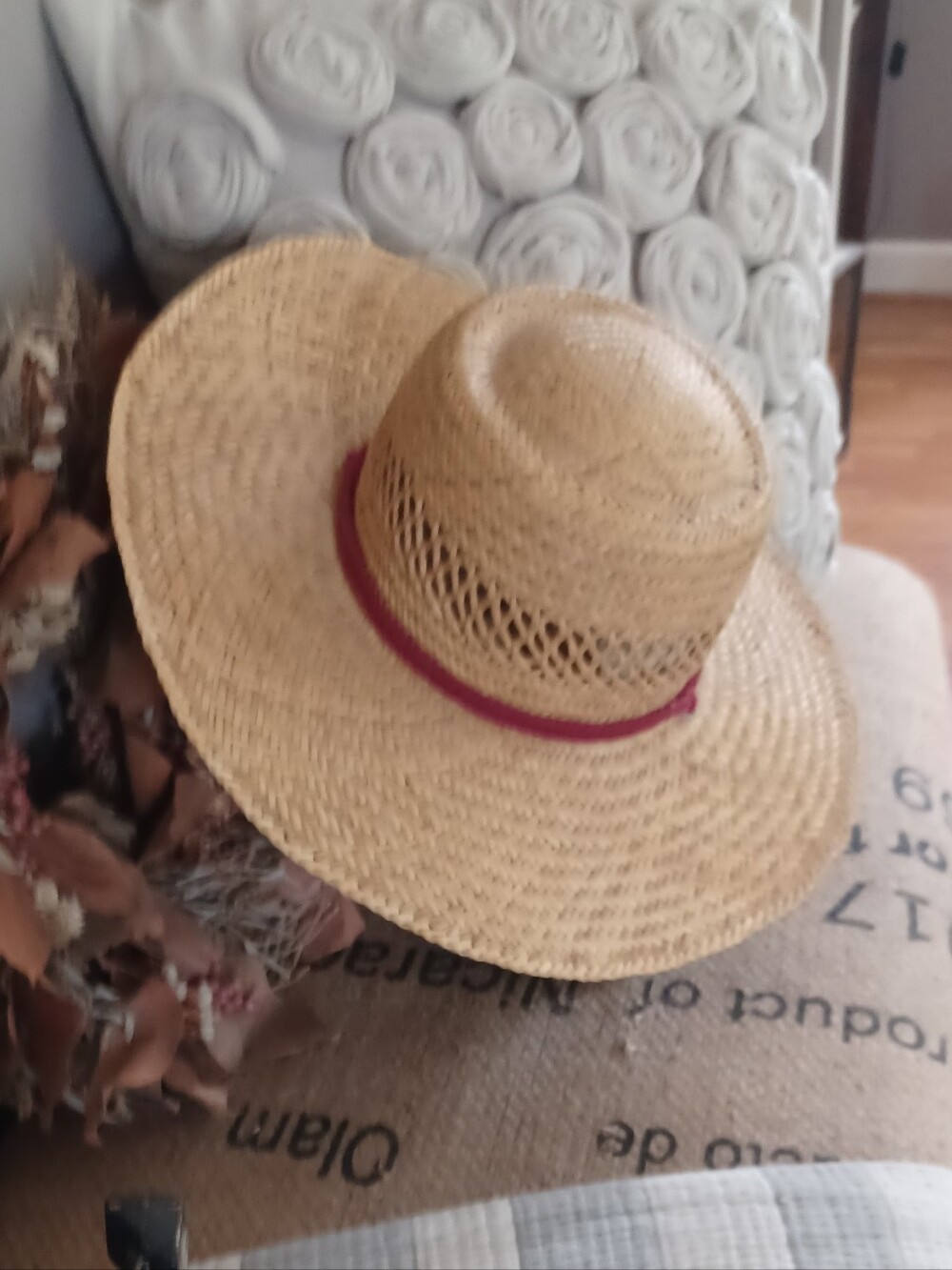 Straw Sun Hat with Rust Color Band - Women Accessories